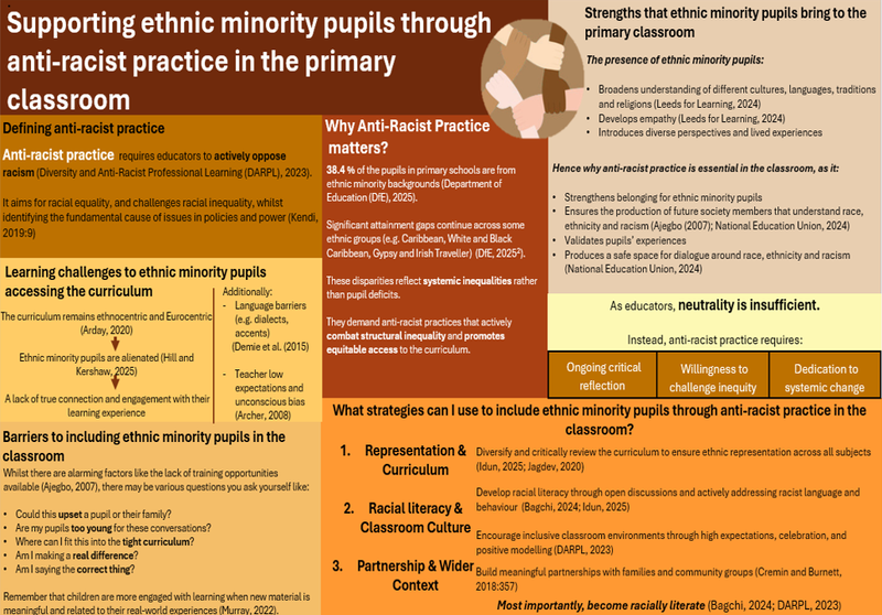 A poster title "Supporting ethnic minority pupils through anti-racist practice in the primary classroom"